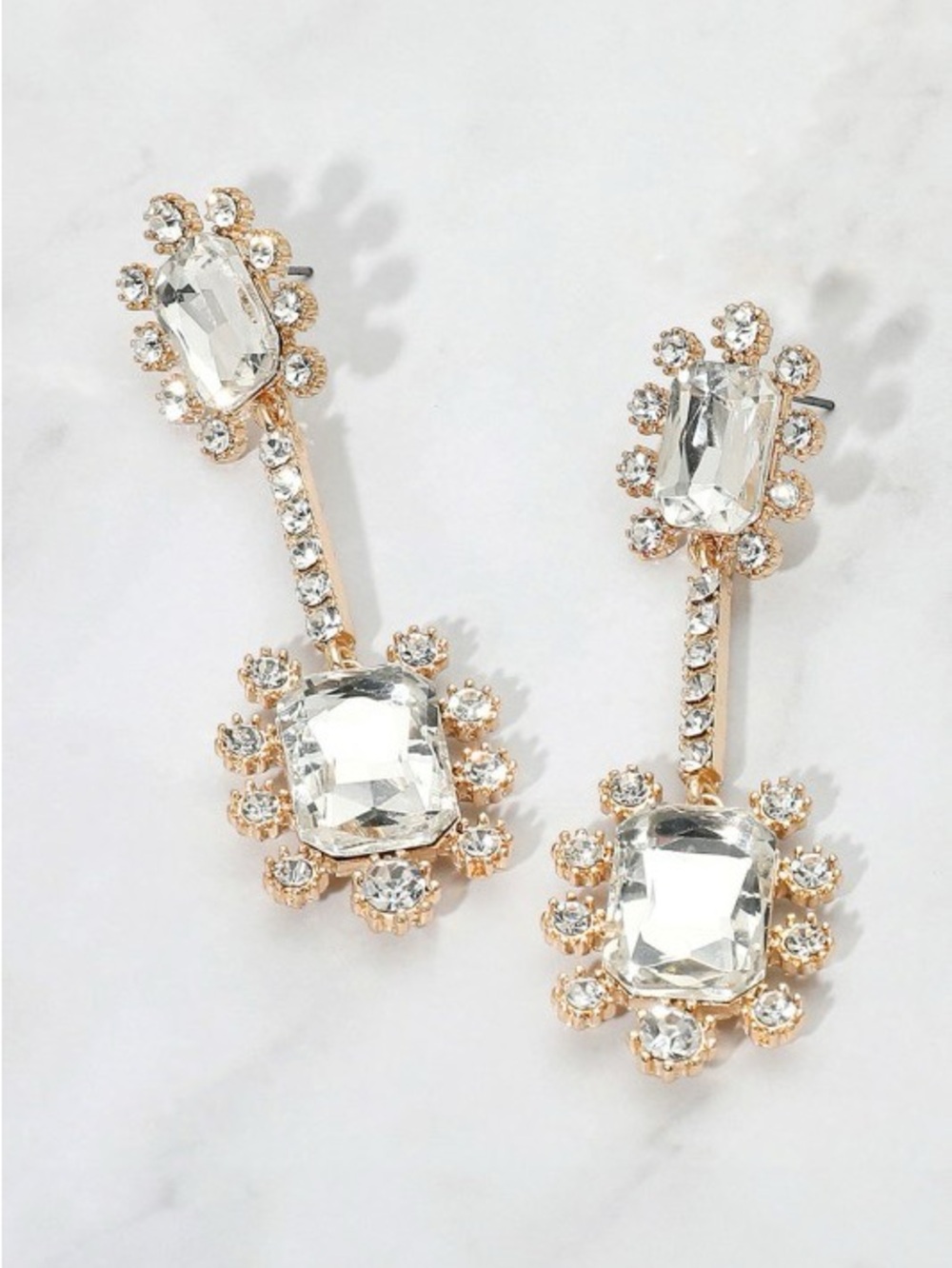 Gold-clear emerald cut boho western evening Crystal Ab rhinestone earrings
